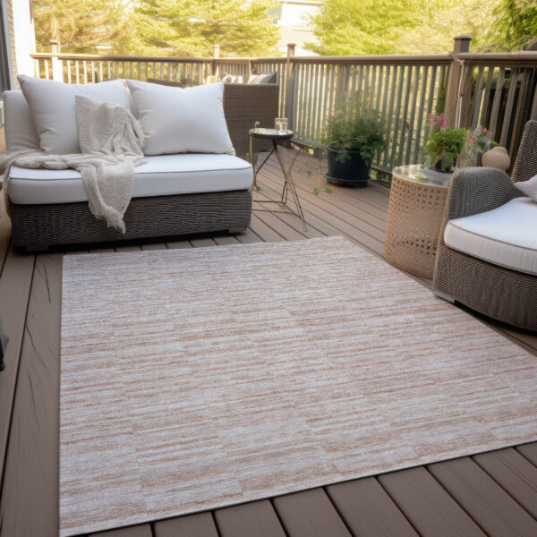 9' X 12' Salmon Copper And Beige Striped Washable Indoor Outdoor Area Rug