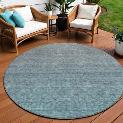8' Teal Blue Gray And Charcoal Round Ombre Washable Indoor Outdoor Area Rug
