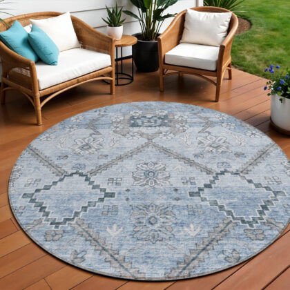 8' Sky Blue And Denim Blue Round Floral Washable Indoor Outdoor Area Rug