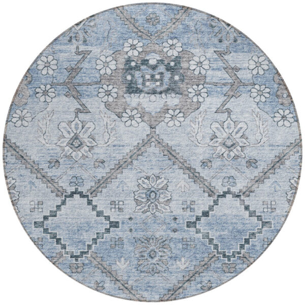 8' Sky Blue And Denim Blue Round Floral Washable Indoor Outdoor Area Rug