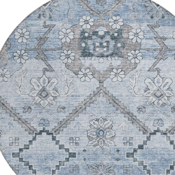 8' Sky Blue And Denim Blue Round Floral Washable Indoor Outdoor Area Rug