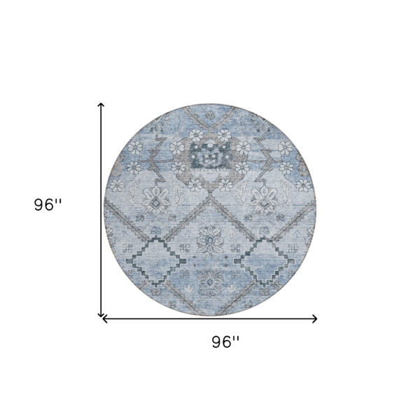 8' Sky Blue And Denim Blue Round Floral Washable Indoor Outdoor Area Rug