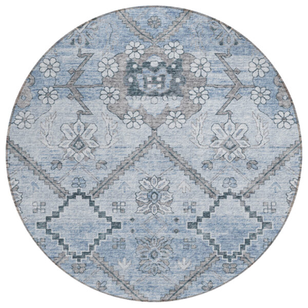 8' Sky Blue And Denim Blue Round Floral Washable Indoor Outdoor Area Rug
