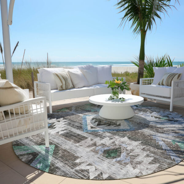 8' Brown Beige And Blue Round Southwestern Washable Indoor Outdoor Area Rug