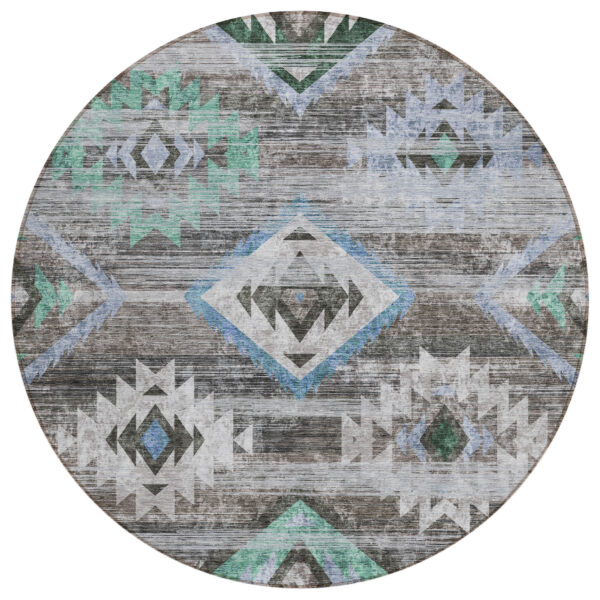 8' Brown Beige And Blue Round Southwestern Washable Indoor Outdoor Area Rug