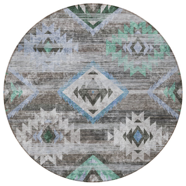 8' Brown Beige And Blue Round Southwestern Washable Indoor Outdoor Area Rug