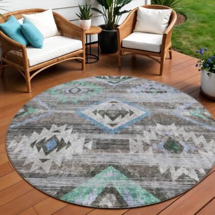 8' Brown Beige And Blue Round Southwestern Washable Indoor Outdoor Area Rug