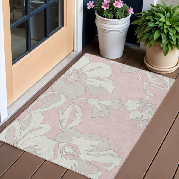 3' X 5' Pink Ivory And Beige Floral Washable Indoor Outdoor Area Rug