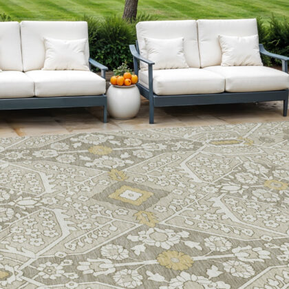 10' X 14' Ivory Beige And Gold Floral Washable Indoor Outdoor Area Rug