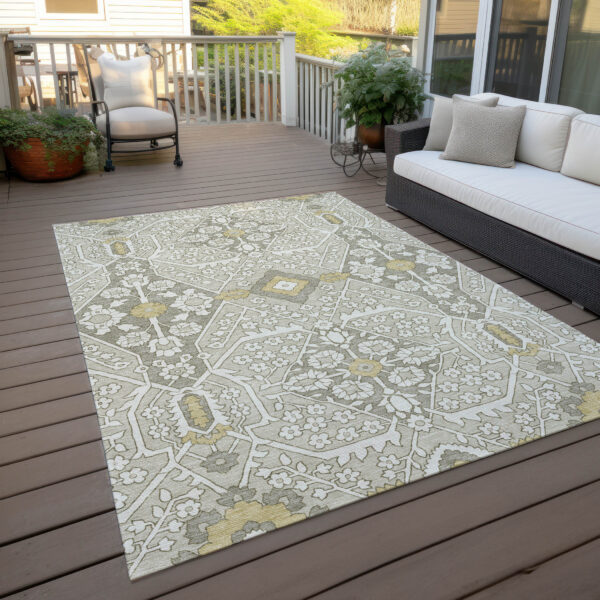 10' X 14' Ivory Beige And Gold Floral Washable Indoor Outdoor Area Rug