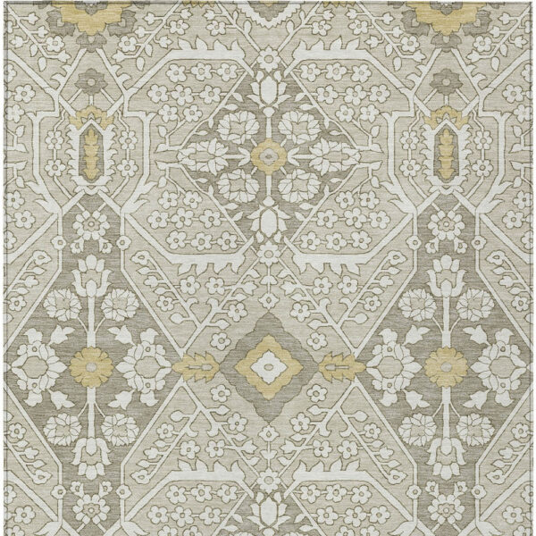 10' X 14' Ivory Beige And Gold Floral Washable Indoor Outdoor Area Rug