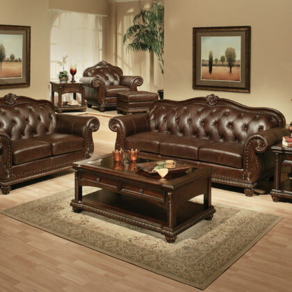 70" Espresso Faux Leather And Black Nailhead Love Seat