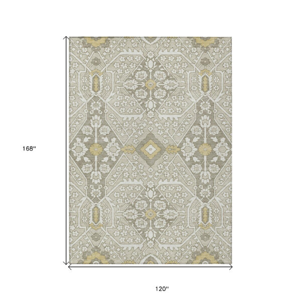 10' X 14' Ivory Beige And Gold Floral Washable Indoor Outdoor Area Rug