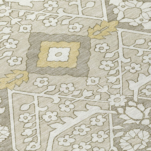 10' X 14' Ivory Beige And Gold Floral Washable Indoor Outdoor Area Rug