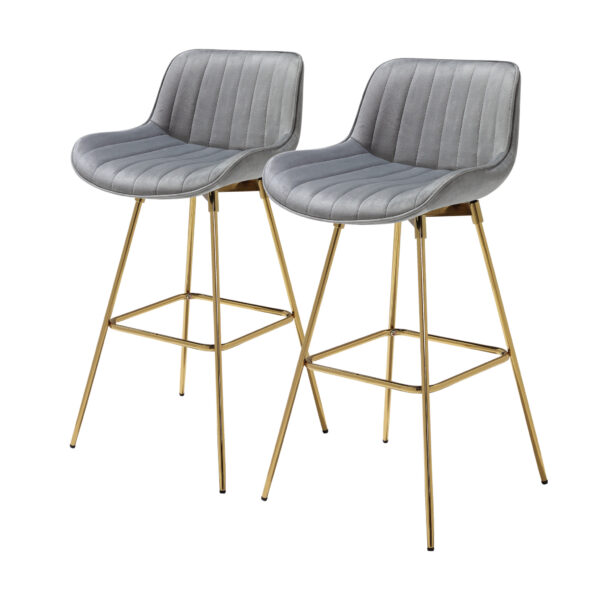 Set of Two 29" Gray and Gold Velvet and Metal Low Back Bar Height Swivel Bar Chairs