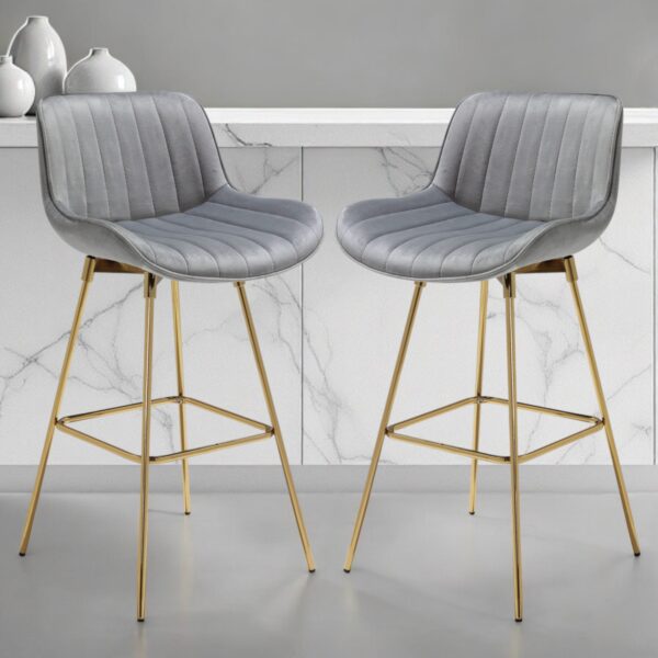 Set of Two 29" Gray and Gold Velvet and Metal Low Back Bar Height Swivel Bar Chairs