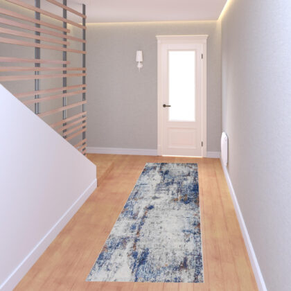 8' Ivory and Blue Abstract Power Loom Distressed Runner Rug