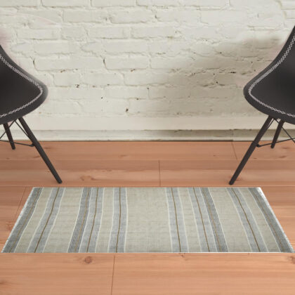 2' x 3' Blue and Brown Geometric Flatweave Handmade Distressed Area Rug with Fringe