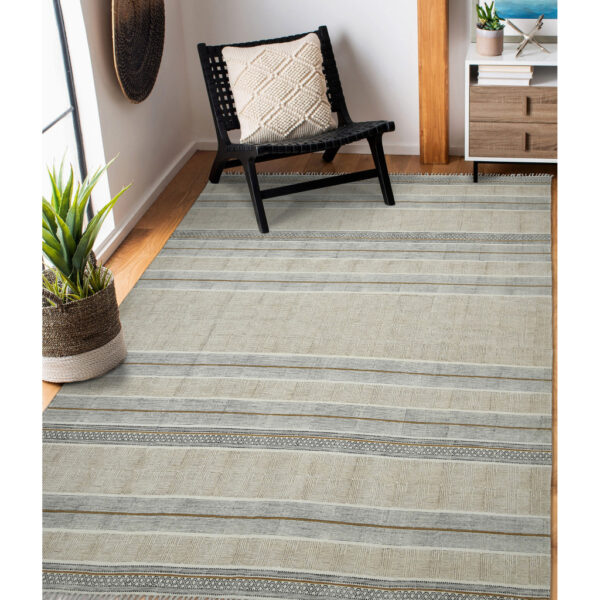 2' x 3' Blue and Brown Geometric Flatweave Handmade Distressed Area Rug with Fringe