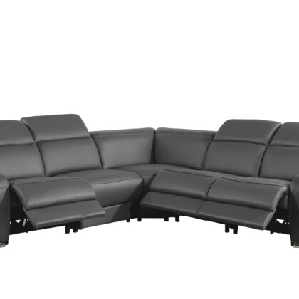 Gray Italian Leather Power Reclining Curved Five Piece Corner Sectional