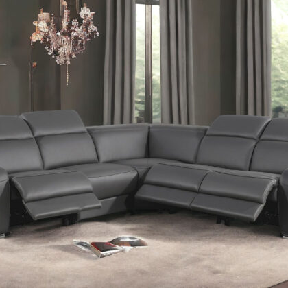 Gray Italian Leather Power Reclining Curved Five Piece Corner Sectional