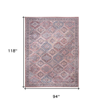 8' x 10' Blue and Red Floral Power Loom Distressed Washable Area Rug