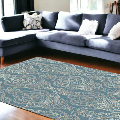 8' x 10' Blue and Beige Damask Distressed Area Rug