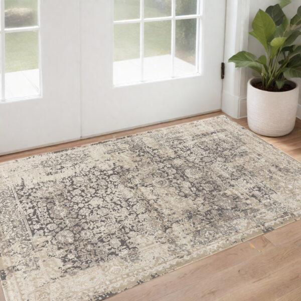 2' x 3' Gray and Ivory Floral Area Rug