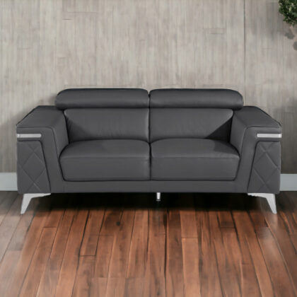 70" Dark Gray And Silver Metallic Leather Loveseat