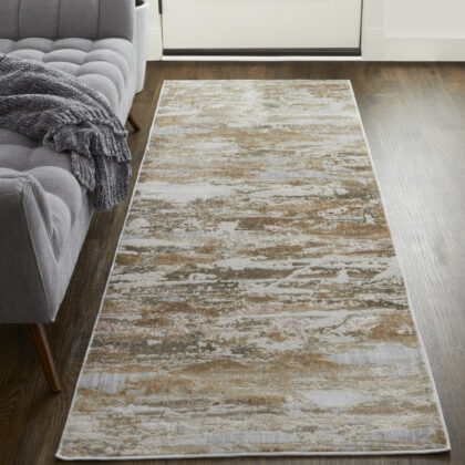 10' Beige and Ivory Abstract Power Loom Distressed Runner Rug