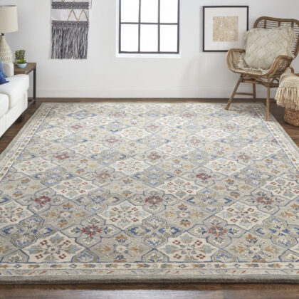 10' X 14' Taupe Ivory And Red Wool Patchwork Tufted Handmade Stain Resistant Area Rug