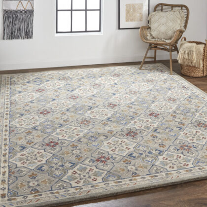 10' X 14' Taupe Ivory And Red Wool Patchwork Tufted Handmade Stain Resistant Area Rug