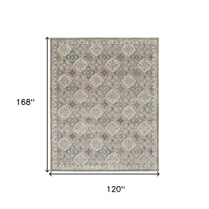 10' X 14' Taupe Ivory And Red Wool Patchwork Tufted Handmade Stain Resistant Area Rug