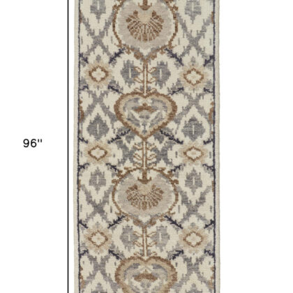 8' Ivory Gray And Taupe Wool Floral Hand Knotted Stain Resistant Runner Rug