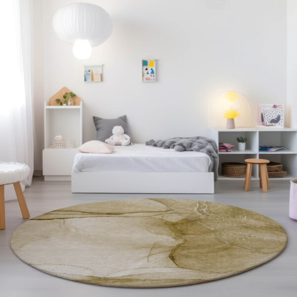 8' Round Beige Round Abstract Washable Non Skid Indoor Outdoor Area Rug
