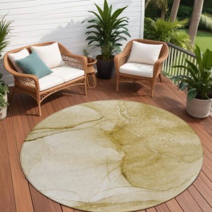 8' Round Beige Round Abstract Washable Non Skid Indoor Outdoor Area Rug