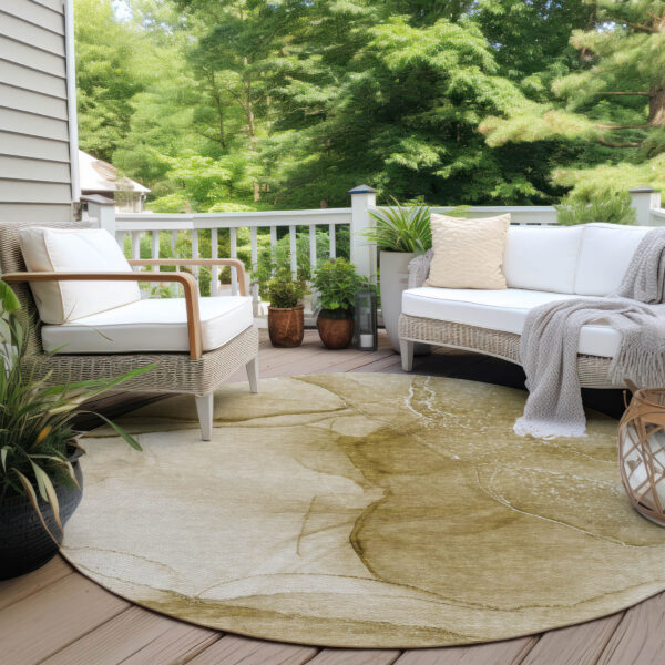 8' Round Beige Round Abstract Washable Non Skid Indoor Outdoor Area Rug