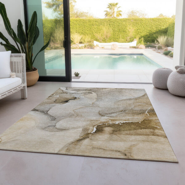 10' X 14' Beige and Brown Abstract Washable Indoor Outdoor Area Rug