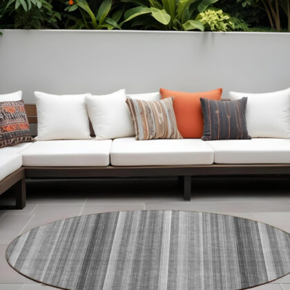 8' Round Gray Round Striped Washable Non Skid Indoor Outdoor Area Rug