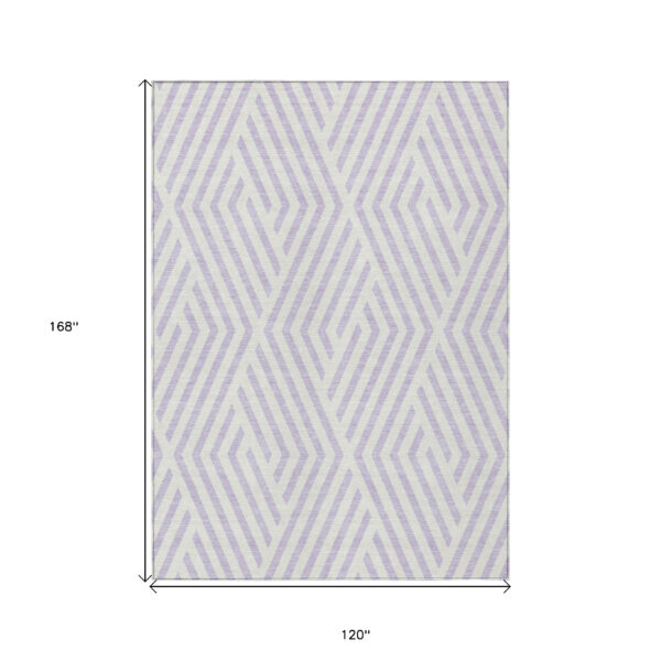10' X 14' Lavender and Ivory Geometric Washable Non Skid Indoor Outdoor Area Rug