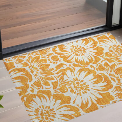 2' X 3' Orange and White Floral Washable Non Skid Indoor Outdoor Area Rug