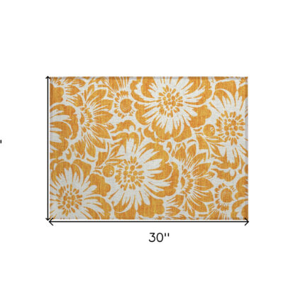 2' X 3' Orange and White Floral Washable Non Skid Indoor Outdoor Area Rug