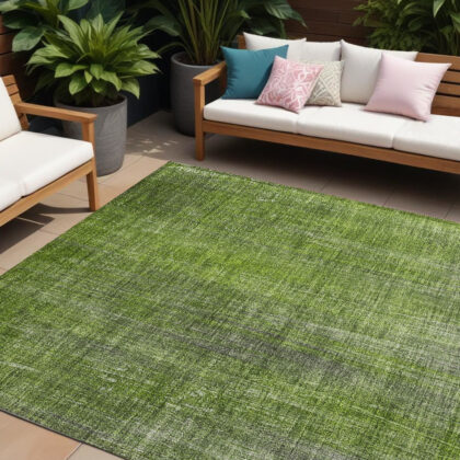 10' X 14' Green Striped Washable Non Skid Indoor Outdoor Area Rug