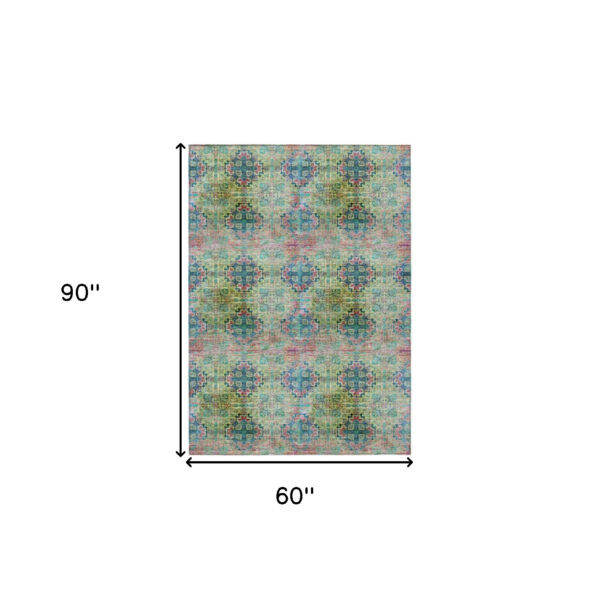 5' X 8' Blue and Green Floral Medallion Washable Non Skid Indoor Outdoor Area Rug