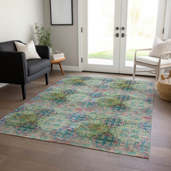 5' X 8' Blue and Green Floral Medallion Washable Non Skid Indoor Outdoor Area Rug
