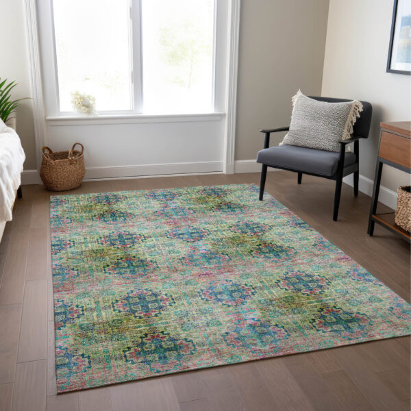 5' X 8' Blue and Green Floral Medallion Washable Non Skid Indoor Outdoor Area Rug