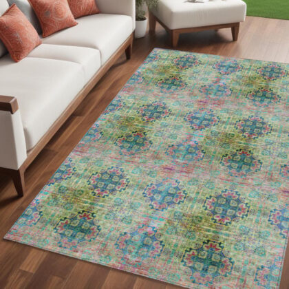 5' X 8' Blue and Green Floral Medallion Washable Non Skid Indoor Outdoor Area Rug