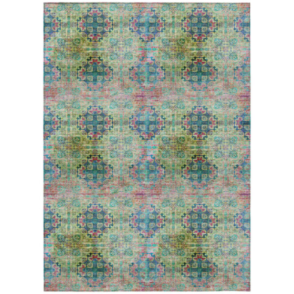 5' X 8' Blue and Green Floral Medallion Washable Non Skid Indoor Outdoor Area Rug