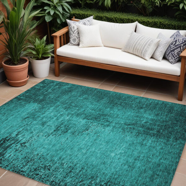 9' X 12' Teal Abstract Washable Non Skid Indoor Outdoor Area Rug