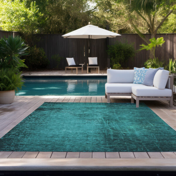 9' X 12' Teal Abstract Washable Non Skid Indoor Outdoor Area Rug